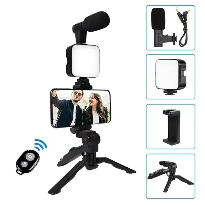 Smartphone Vlogging Kit With Tripod Phone Holder Mini Microphone LED Fill Light Starter For TikTok Live Stream Video YouTube