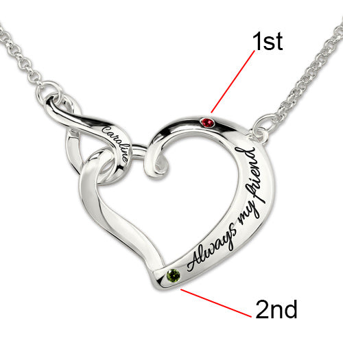 Infinity Open Heart Engraved Birthstones Necklace Platinum Plated
