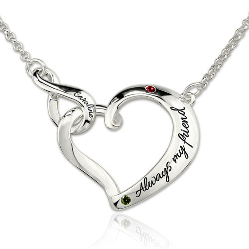 Infinity Open Heart Engraved Birthstones Necklace Platinum Plated