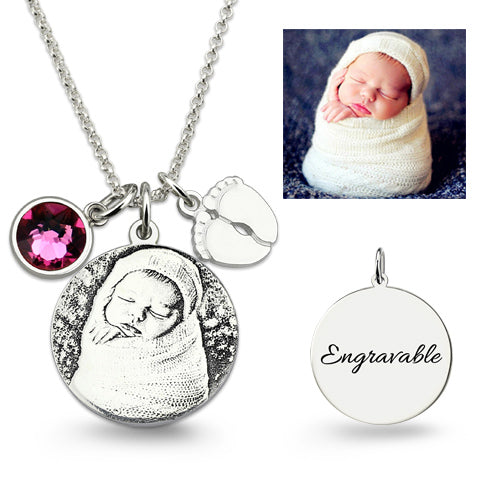 Birthstone Photo-Engraved Necklace with Baby Feet Sterling Silver