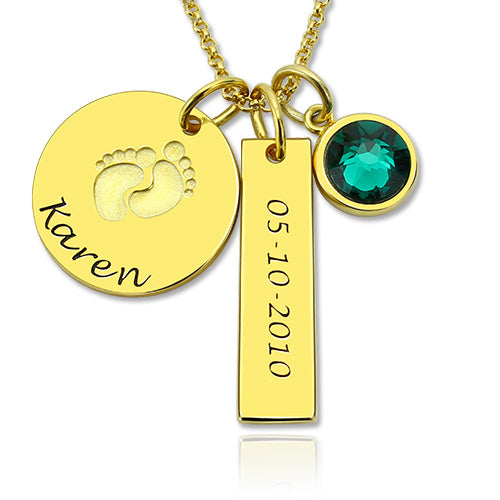 Baby Feet Disc Necklace With Birthstone For New Mom