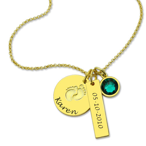 Baby Feet Disc Necklace With Birthstone For New Mom