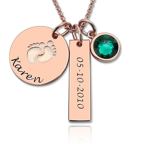 Baby Feet Disc Necklace With Birthstone For New Mom