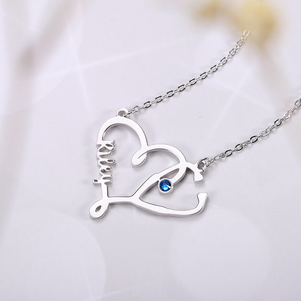 Personalized Name Stethoscope Necklace with Birthstone
