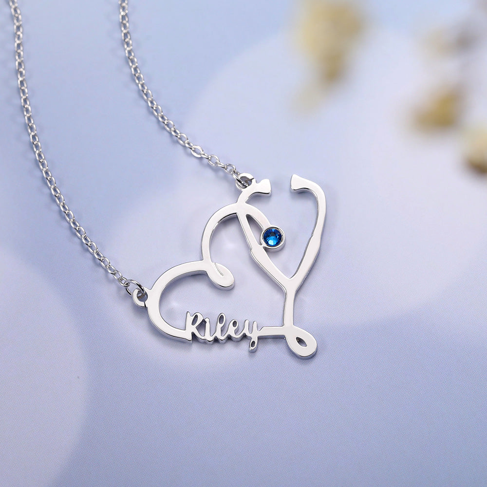 Personalized Name Stethoscope Necklace with Birthstone