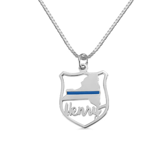 Personalized Police Badge State Map Name Necklace in Silver