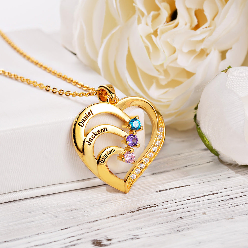 Three Birthstone /Personalized Name and Birthstone Family Heart Necklace