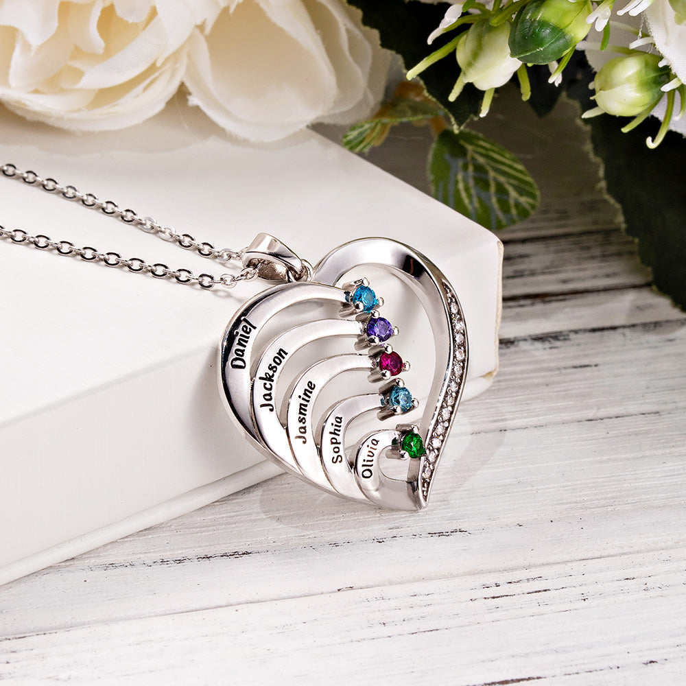 Five Birthstone/Personalized Name and Birthstone Family Heart Necklace