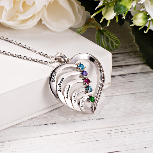 Five Birthstone/Personalized Name and Birthstone Family Heart Necklace