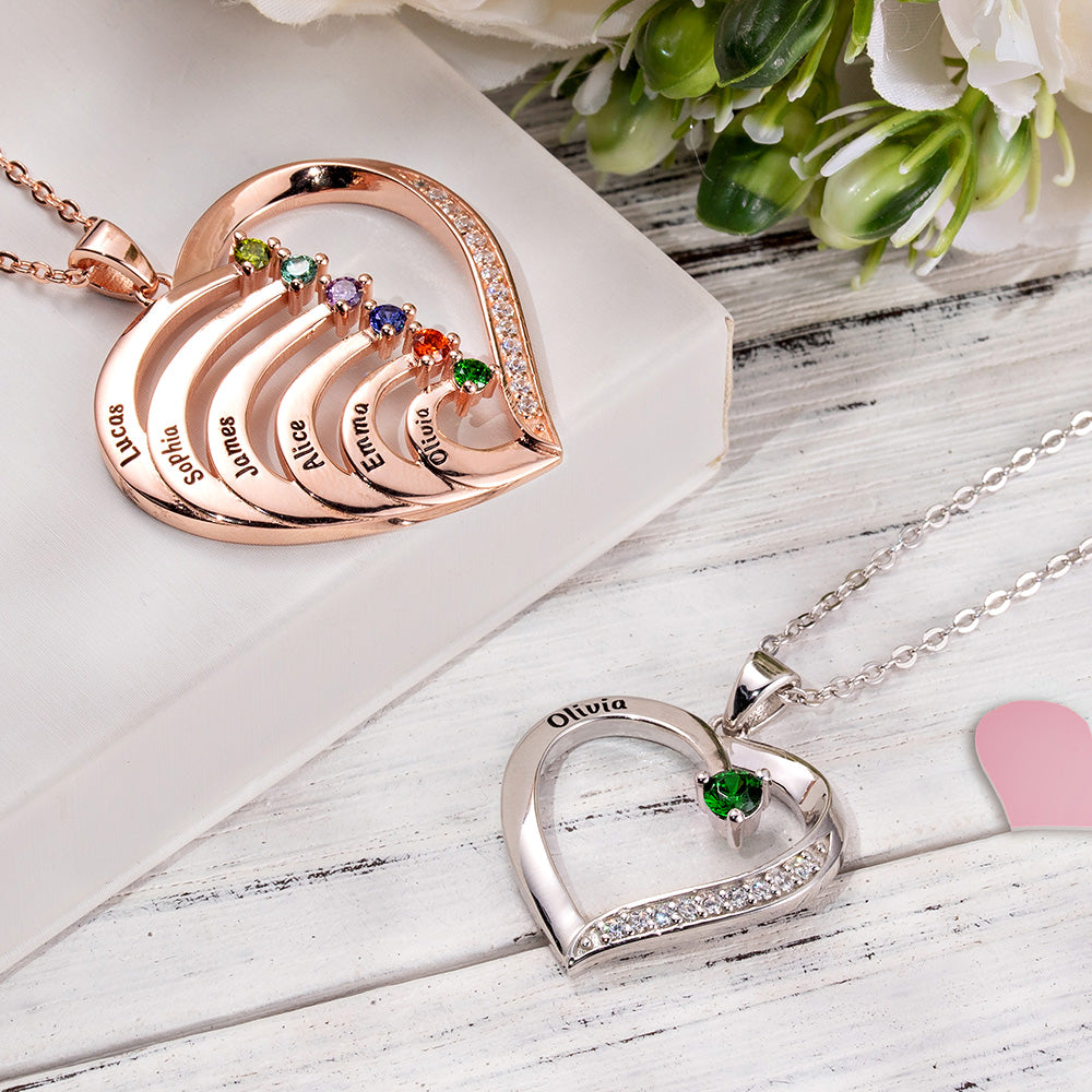 One  Birthstone/Personalized Name and Birthstone Family Heart Necklace