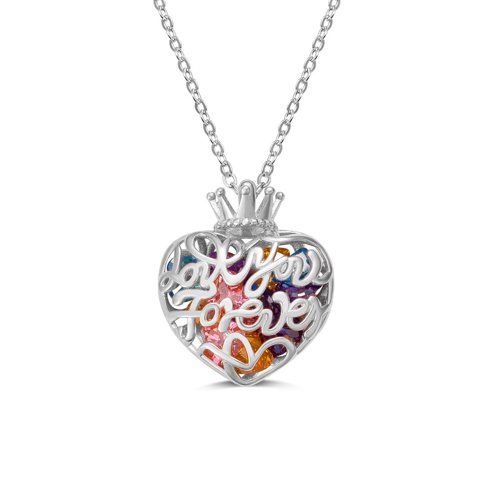 Personalized Crown Heart Cage Necklace with Birthstone