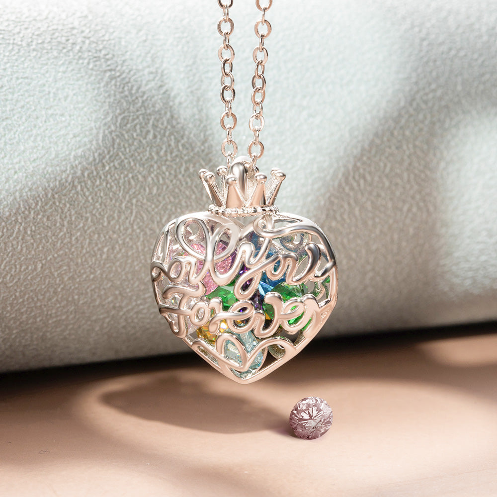 Personalized Crown Heart Cage Necklace with Birthstone