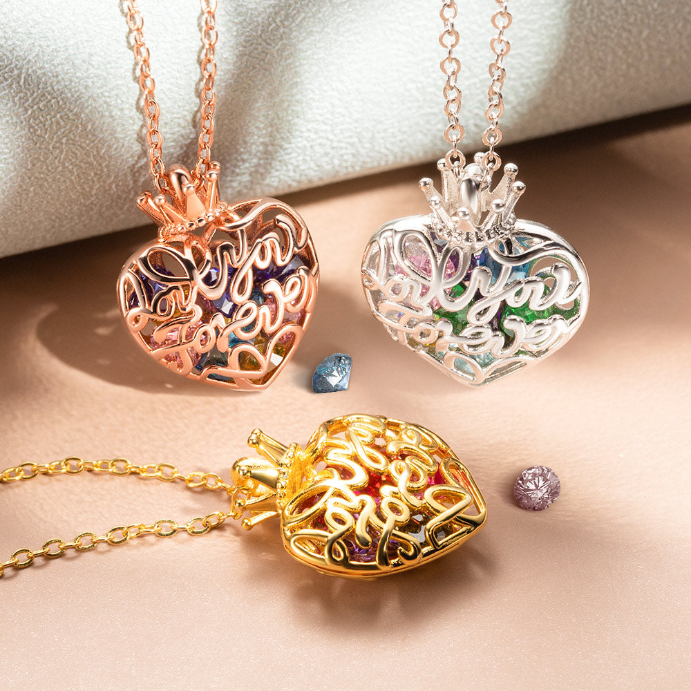 Personalized Crown Heart Cage Necklace with Birthstone