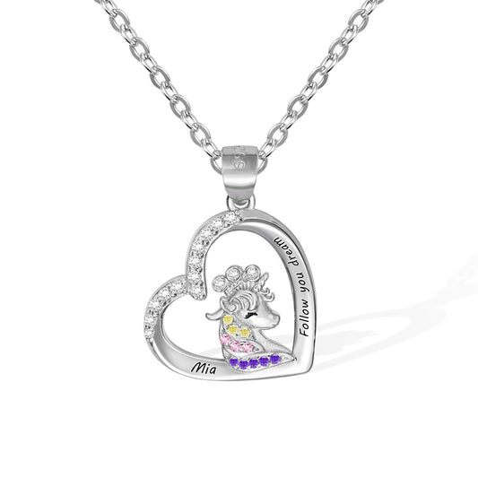 Silver 925/Personalized Name Heart Pendant Necklace with Crowned Unicorn, Jewelry, Christmas Gift for Daughter