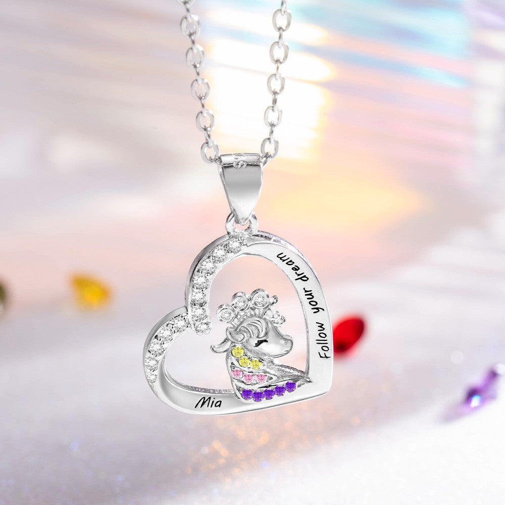 Brass/Personalized Name Heart Pendant Necklace with Crowned Unicorn, Jewelry, Christmas Gift for Daughter
