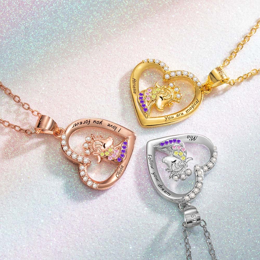 Brass/Personalized Name Heart Pendant Necklace with Crowned Unicorn, Jewelry, Christmas Gift for Daughter