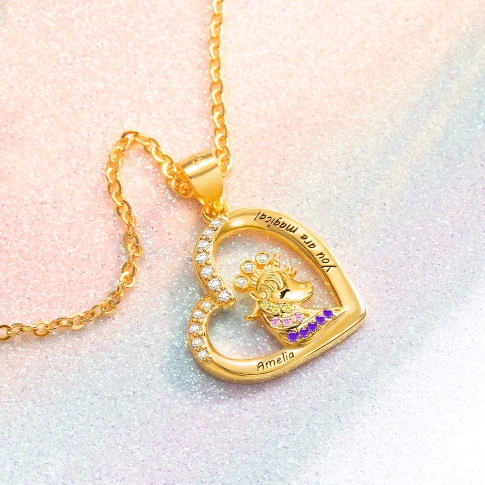 Brass/Personalized Name Heart Pendant Necklace with Crowned Unicorn, Jewelry, Christmas Gift for Daughter