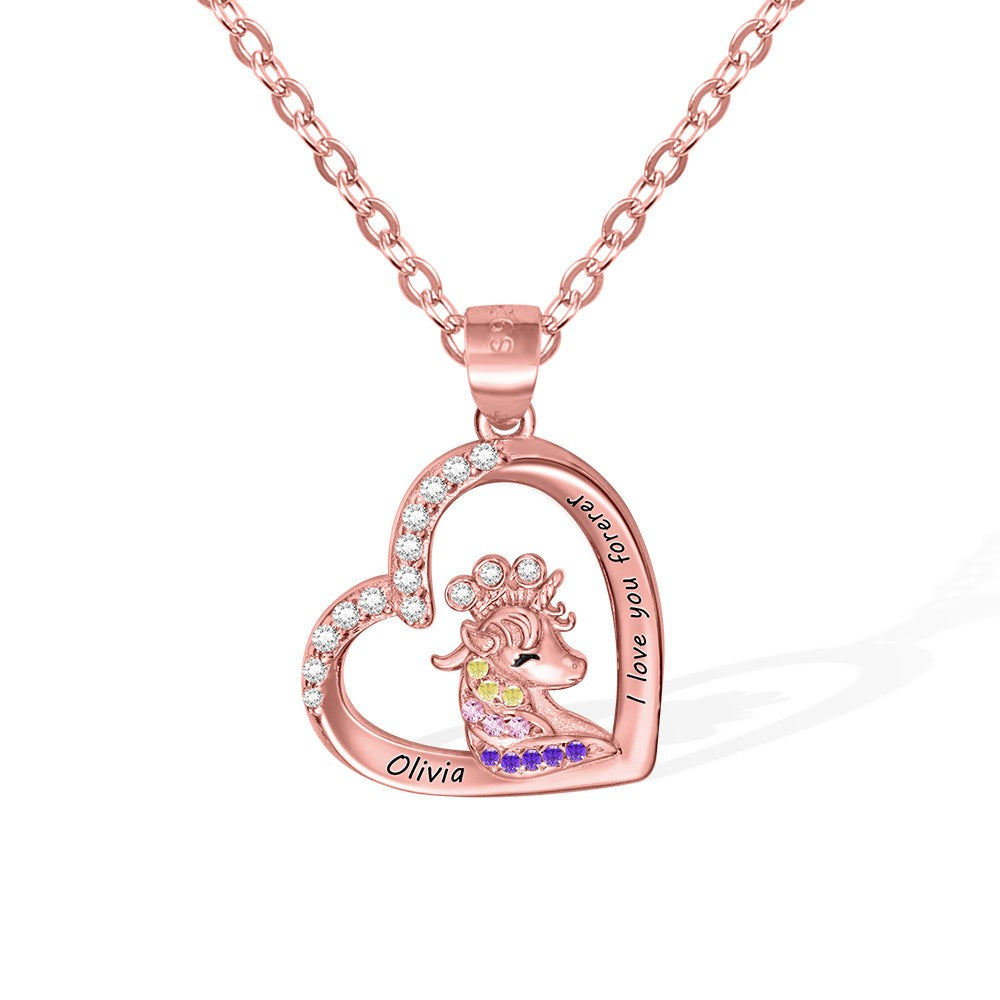 Brass/Personalized Name Heart Pendant Necklace with Crowned Unicorn, Jewelry, Christmas Gift for Daughter