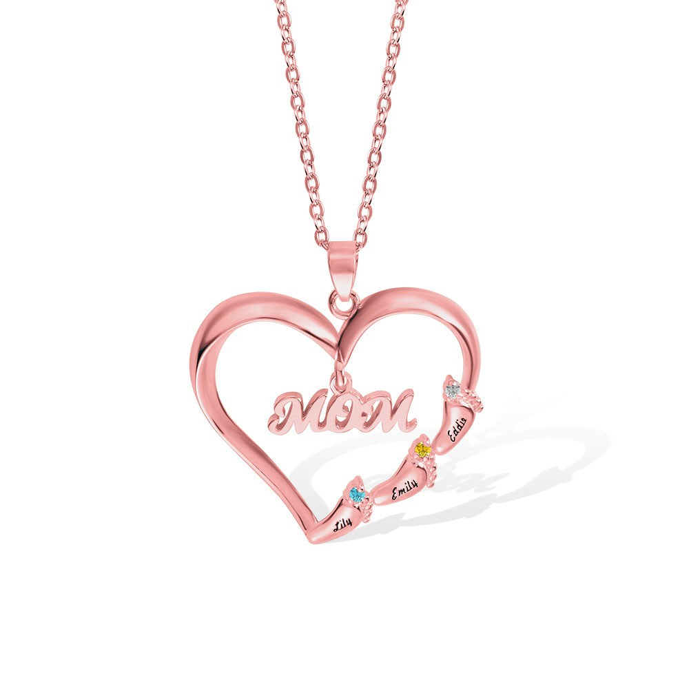3 Feets /Custom Name Baby Feet Heart Necklace, Brass Family Necklace with Birthstone, Mother's Day Gift for New Mom/Mother/Grandmother/Wife
