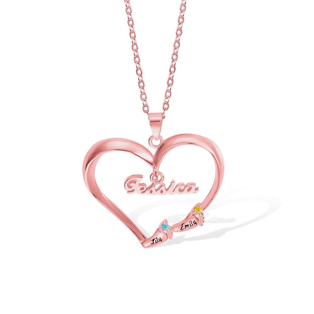 2 Feets/Custom Name Baby Feet Heart Necklace, Brass Family Necklace with Birthstone, Mother's Day Gift for New Mom/Mother/Grandmother/Wife