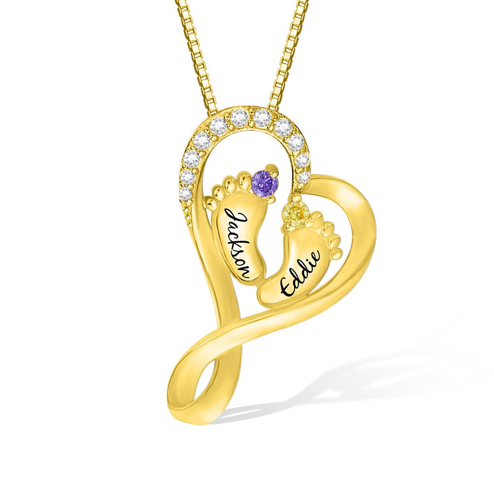 Brass/Baby Name Necklace with 2 Custom Footprints, Twins Birthstone Heart Necklace Gift for New Mom