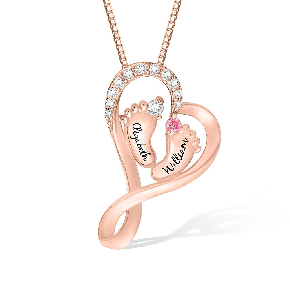 Brass/Baby Name Necklace with 2 Custom Footprints, Twins Birthstone Heart Necklace Gift for New Mom