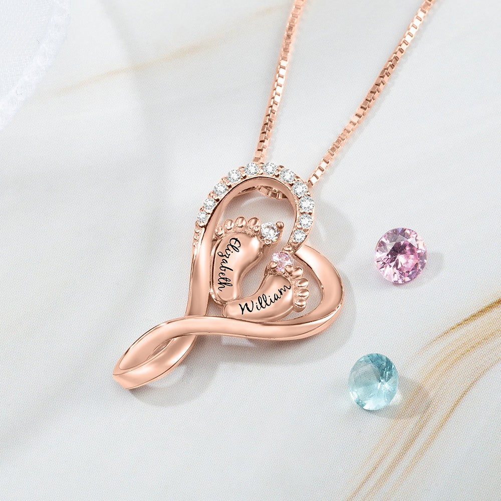 Brass/Baby Name Necklace with 2 Custom Footprints, Twins Birthstone Heart Necklace Gift for New Mom
