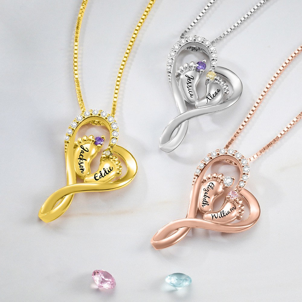 Brass/Baby Name Necklace with 2 Custom Footprints, Twins Birthstone Heart Necklace Gift for New Mom