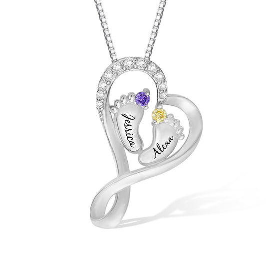 Sterling Silver 925/Baby Name Necklace with 2 Custom Footprints, Twins Birthstone Heart Necklace Gift for New Mom