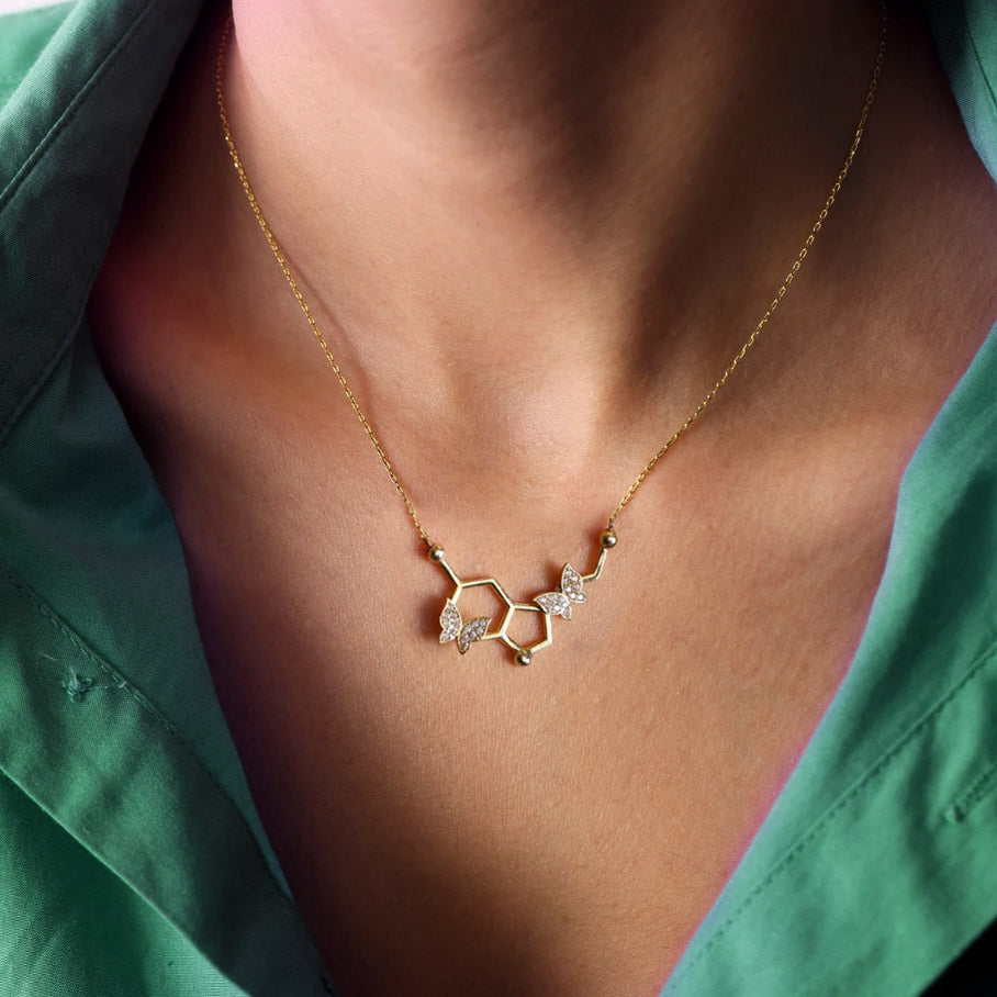 Sterling Silver 925 Necklace, Serotonin Molecule Necklace with Butterfly, Science Jewelry, Molecule Necklace, Science Necklace, Doctors Necklace, Gift for Mom/Her/Best Friend