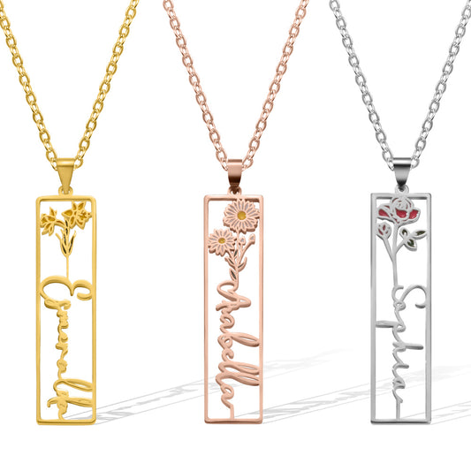 Custom Name Birth Flower Necklace,Stainless Steel Hollow Carving Floral and Name Rectangular Plate Pendant, Birthday/Mother's Day Gift for Women