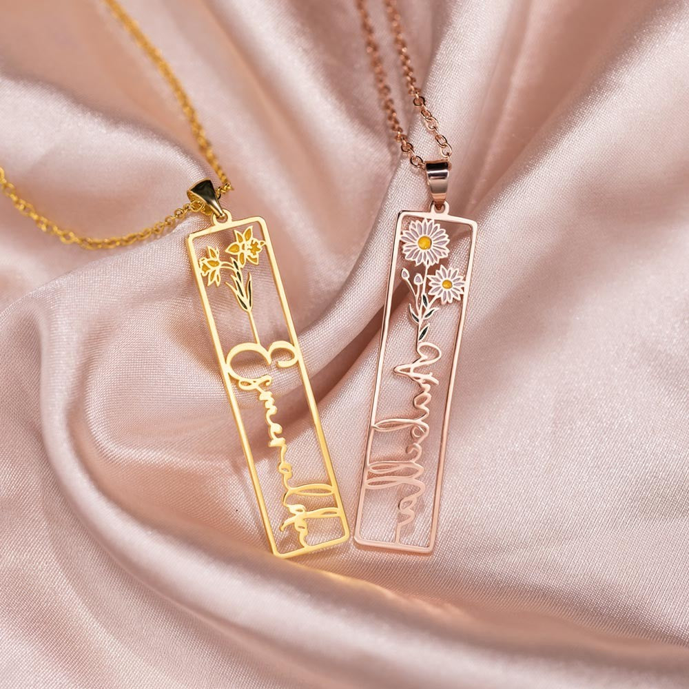 Custom Name Birth Flower Necklace, Sterling Silver 925 Hollow Carving Floral and Name Rectangular Plate Pendant, Birthday/Mother's Day Gift for Women