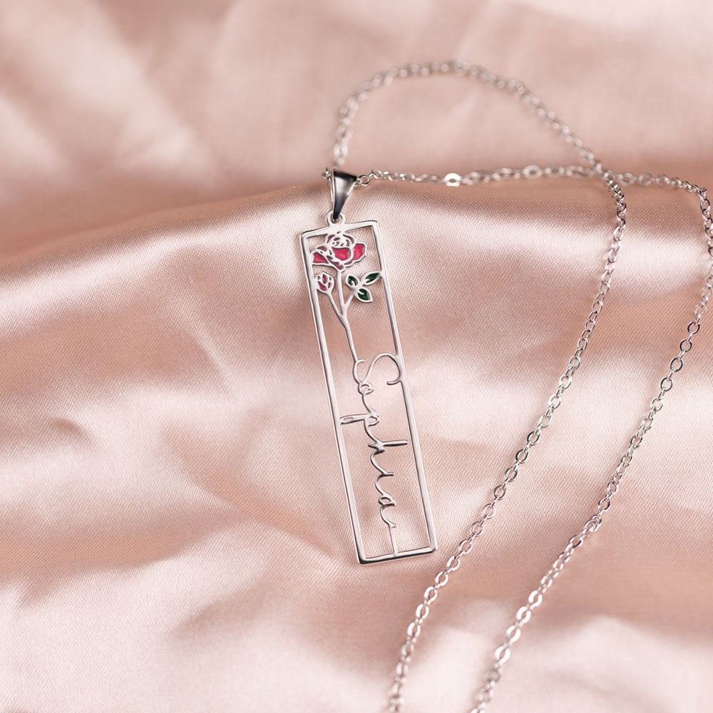 Custom Name Birth Flower Necklace, Sterling Silver 925 Hollow Carving Floral and Name Rectangular Plate Pendant, Birthday/Mother's Day Gift for Women