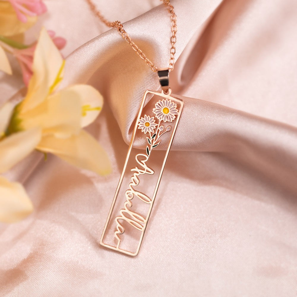 Custom Name Birth Flower Necklace, Sterling Silver 925 Hollow Carving Floral and Name Rectangular Plate Pendant, Birthday/Mother's Day Gift for Women