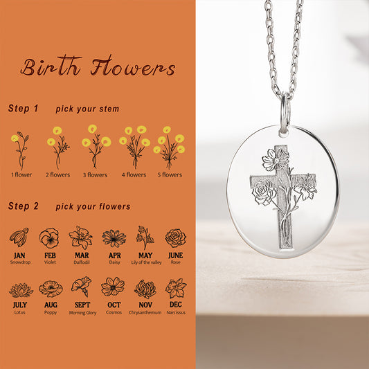 Gold Engraved/Custom Birth Flower Cross Necklace, Stainless Steel Birth Month Flower Bouquet Bible Verse Necklace, Birthday/Christmas/Spiritual Gift for Women