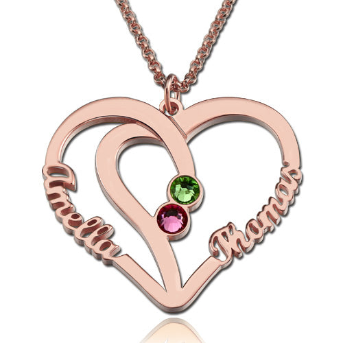 Heart Names Necklace with Two Birthstones In Rose Gold