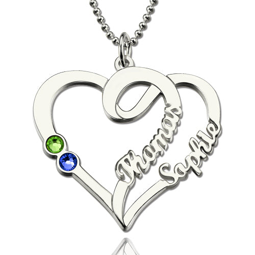 2 Open Hearts Couple Necklace with Names & Birthstones Silver