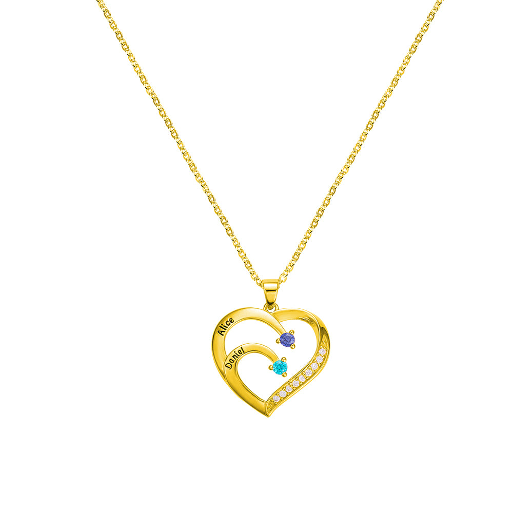 Two  Birthstones/Personalized Name and Birthstone Family Heart Necklace