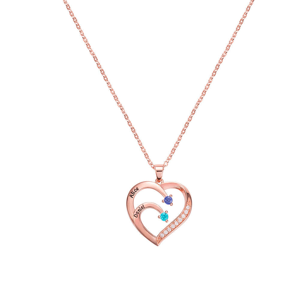 Two  Birthstones/Personalized Name and Birthstone Family Heart Necklace