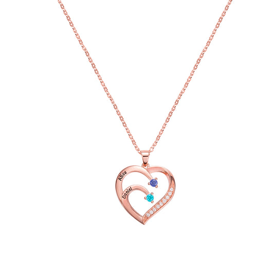 Two  Birthstones/Personalized Name and Birthstone Family Heart Necklace