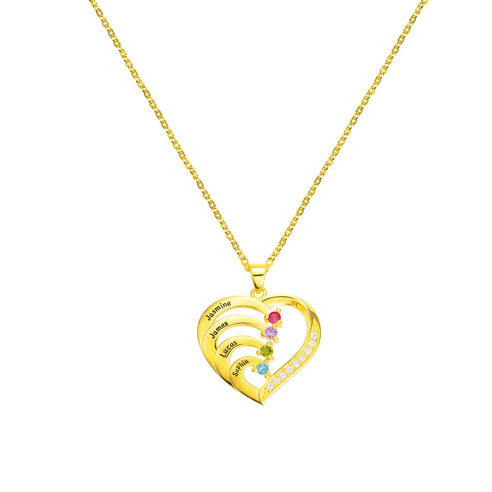 Four Birthstone/Personalized Name and Birthstone Family Heart Necklace