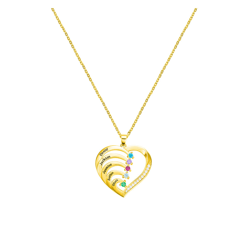Five Birthstone/Personalized Name and Birthstone Family Heart Necklace
