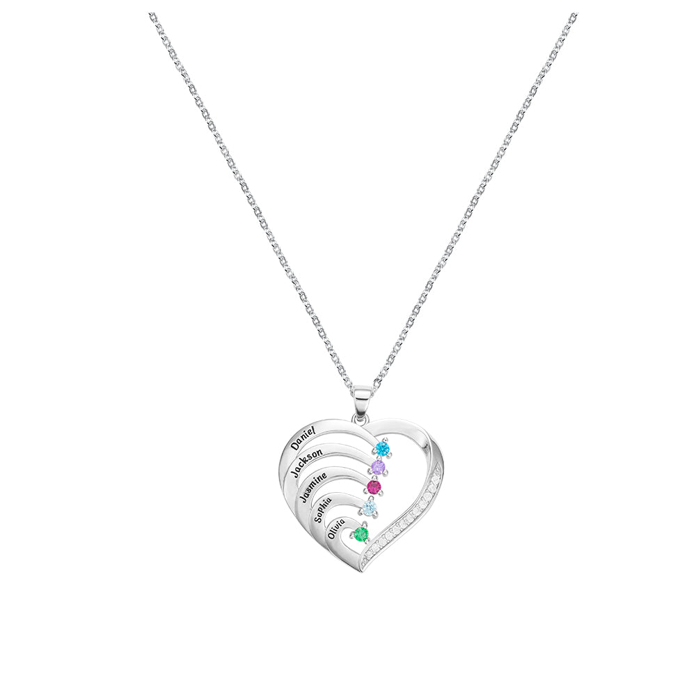 Five Birthstone/Personalized Name and Birthstone Family Heart Necklace