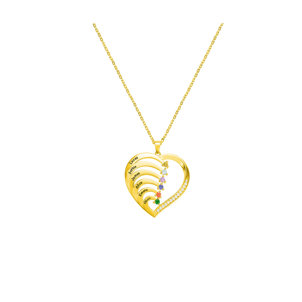 Six  Birthstone/Personalized Name and Birthstone Family Heart Necklace
