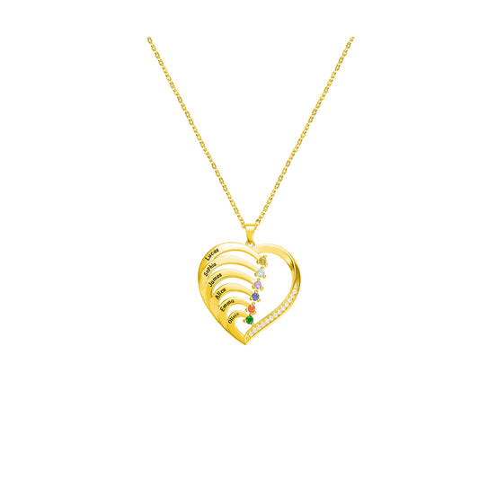 Six  Birthstone/Personalized Name and Birthstone Family Heart Necklace