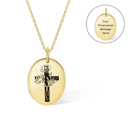 Black Engraved/Custom Birth Flower Cross Necklace, Sterling Silver 925 Birth Month Flower Bouquet Bible Verse Necklace, Birthday/Christmas/Spiritual Gift for Women