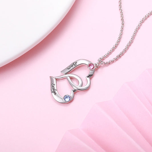 Personalized Intertwined Hearts Necklace with 2 Birthstones in Rose Gold