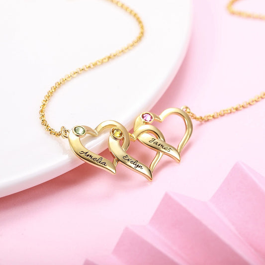 Personalized Intertwined Hearts Necklace with 3 Birthstones in Rose Gold