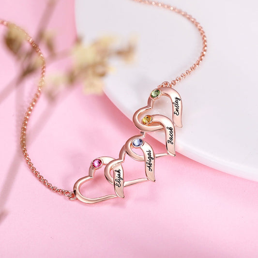 Personalized Intertwined Hearts Necklace with 4 Birthstones in Rose Gold