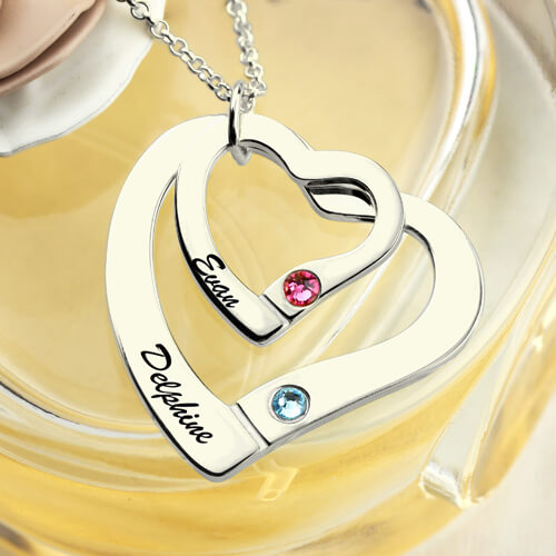 2 Open Hearts Necklace With 2 Names & Birthstones Sterling Silver